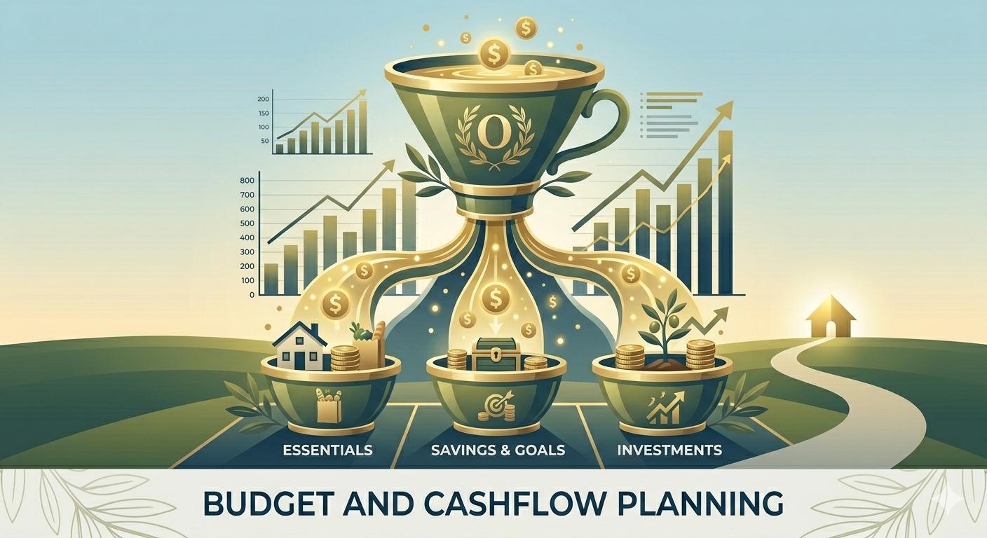 An infographic illustrating budget and cash flow planning with a funnel pouring coins into three pots labeled Essentials, Savings & Goals, and Investments, positioned below charts showing growth and upward trends.