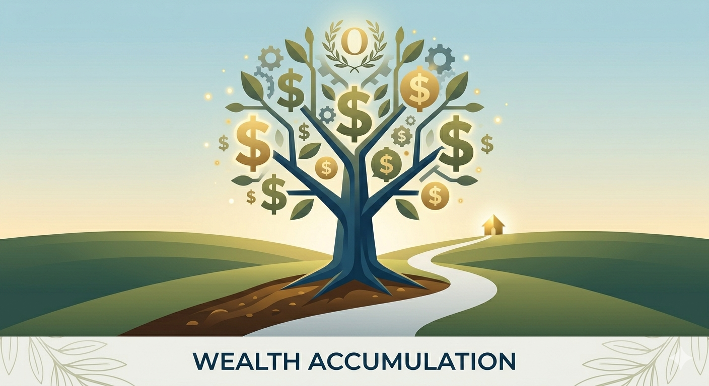 Illustration of a tree with dollar signs and gears as fruit, representing wealth growth, with a small house in the distance and the caption 'Wealth Accumulation' at the bottom.