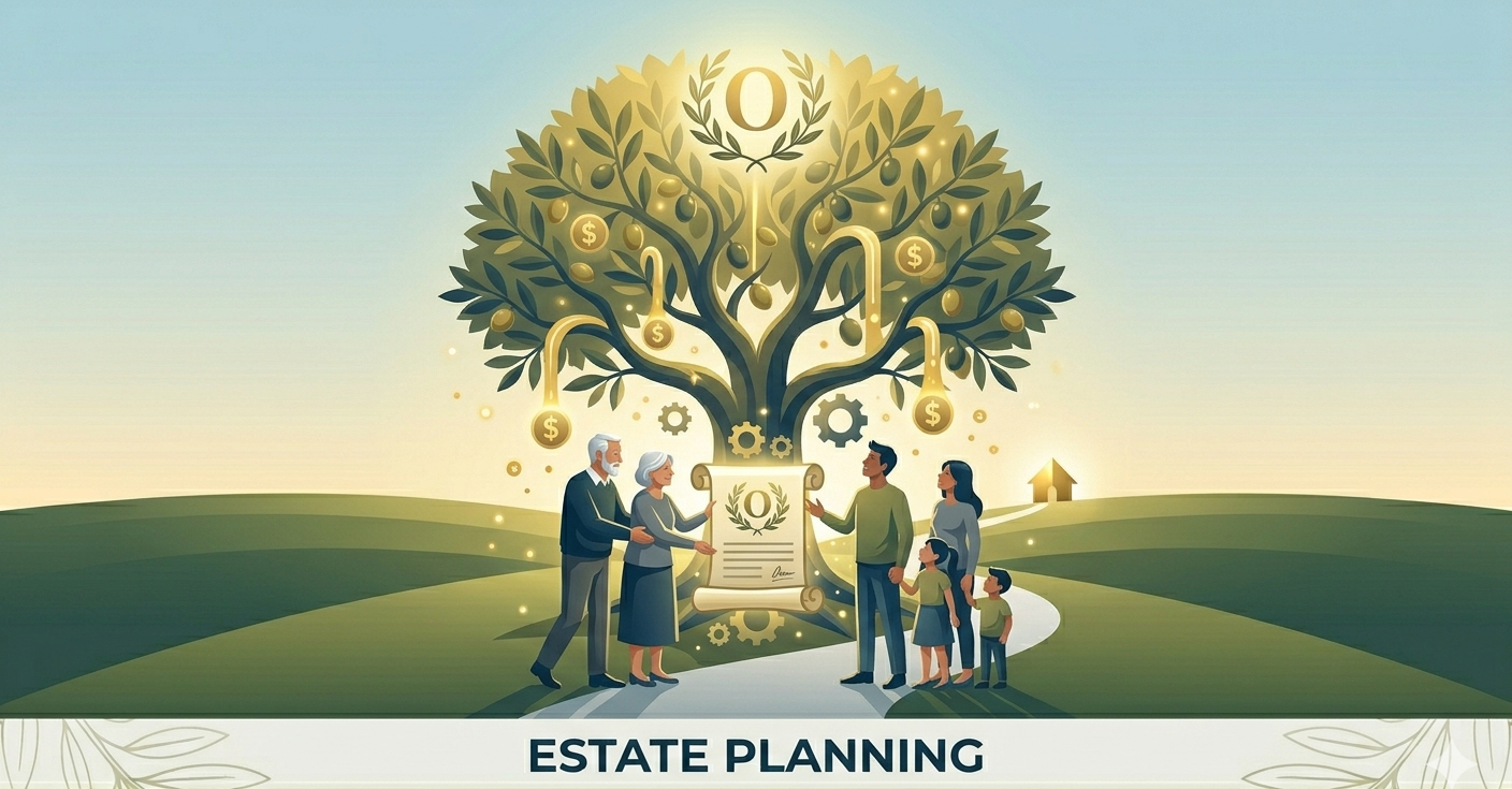 Illustration of an estate planning scene with a large tree bearing dollar signs, gears, and hanging ornaments, with elderly and younger people discussing and holding documents, on a green hilly landscape with a small house in the background, and the words 'Estate Planning' at the bottom.