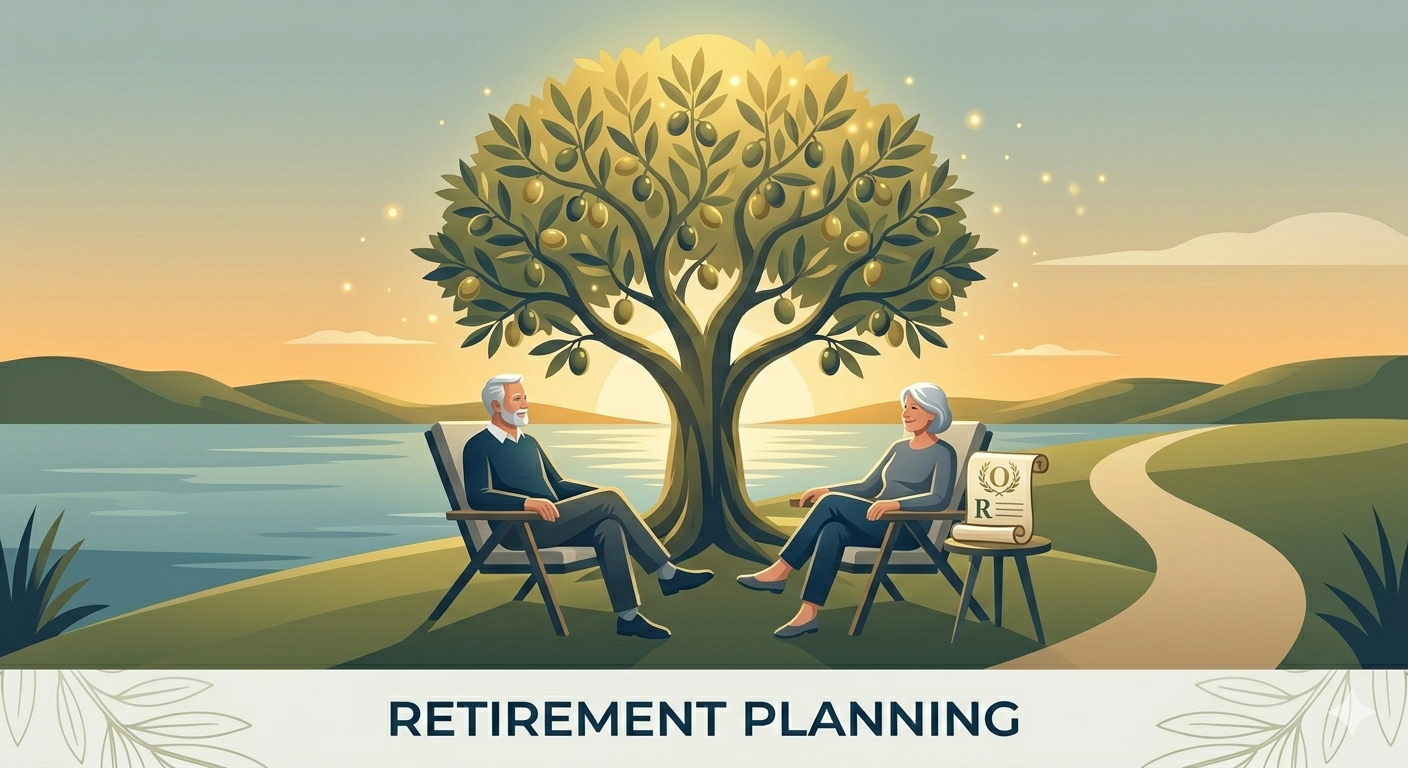 An elderly couple sitting in chairs beneath a large tree with golden olives, enjoying sunset by a lake, with a clipboard labeled 'Retirement Planning' nearby.