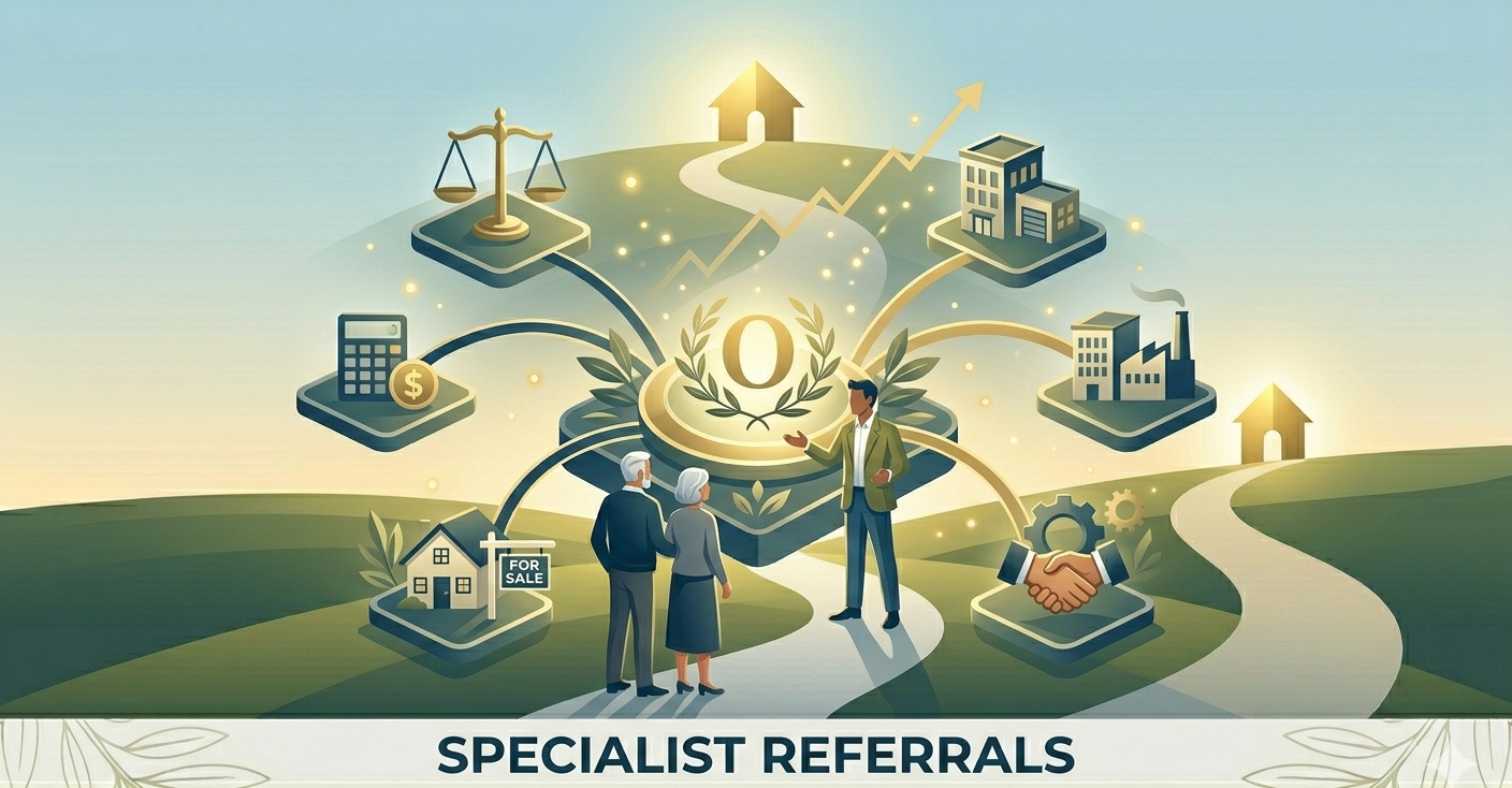 Illustration of real estate and financial concepts including a house for sale, calculator, a handshake, building, factory, and scales, with a central letter 'O' and three people discussing, symbolizing specialist referrals.