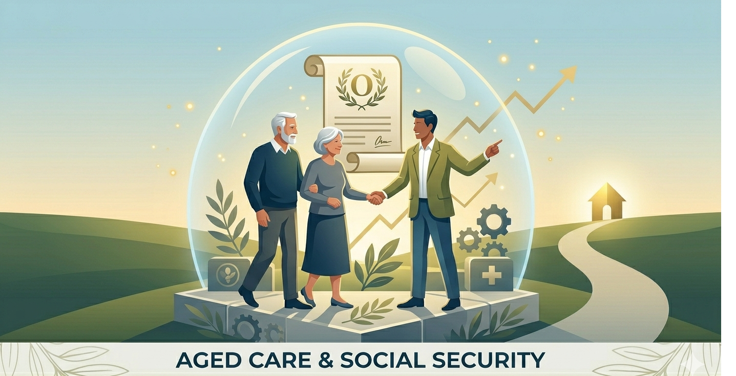 Illustration of an elderly couple shaking hands with a young man, in front of a large document with a laurel wreath, symbolizing age care and social security, with upward trending graphs in the background, set on a green landscape with a winding path leading to a house.