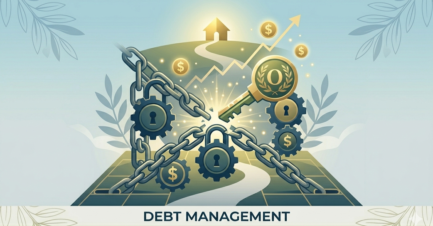 Illustration of interconnected gears and chains with dollar signs, a key with a laurel wreath, a house, and upward trending arrow, representing debt management and financial growth all working in harmony with each other.