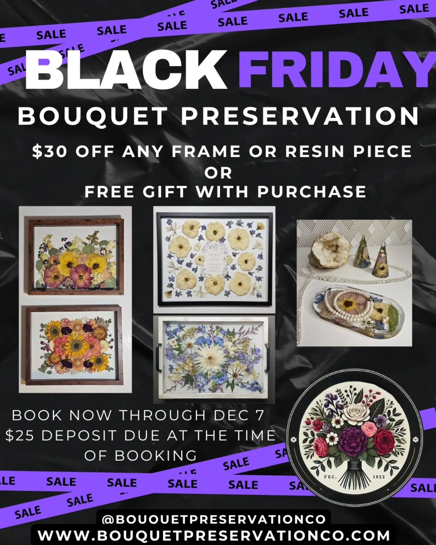 Black Friday Magic is here! If you are being married ir you know someone getting married, this gift is for you! 

Bouquet Preservation CO 

For Black Friday, I&rsquo;m offering:
➡️ $30 off any preservation piece
or
➡️ A FREE gift with purchase (your 