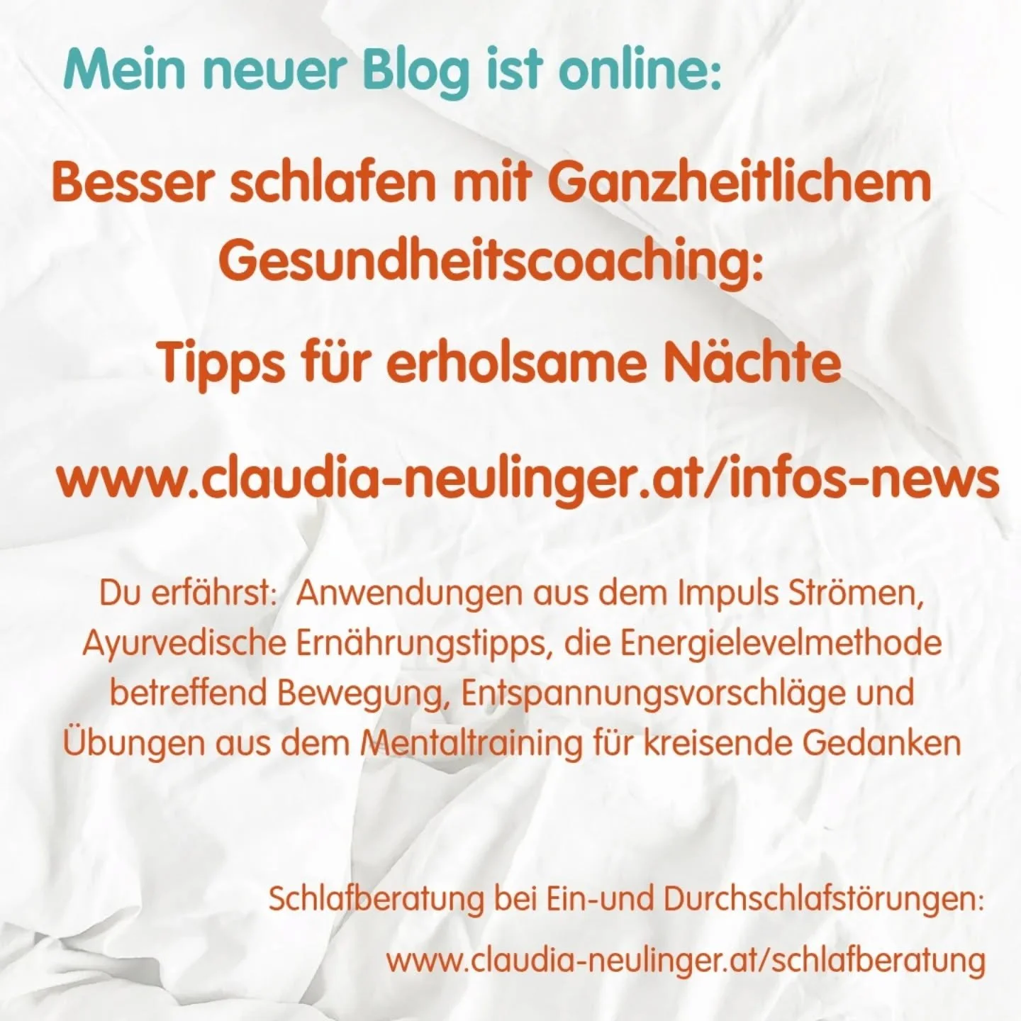 Ein wichtiger Teil vom ganzheitlichen Gesundheitscoaching ist die Schlafberatung bei Ein- und Durchschlafst&ouml;rungen😴. Praktische Tips gibts  auf meiner Website www.claudia-neulinger.at unter Infos u News!