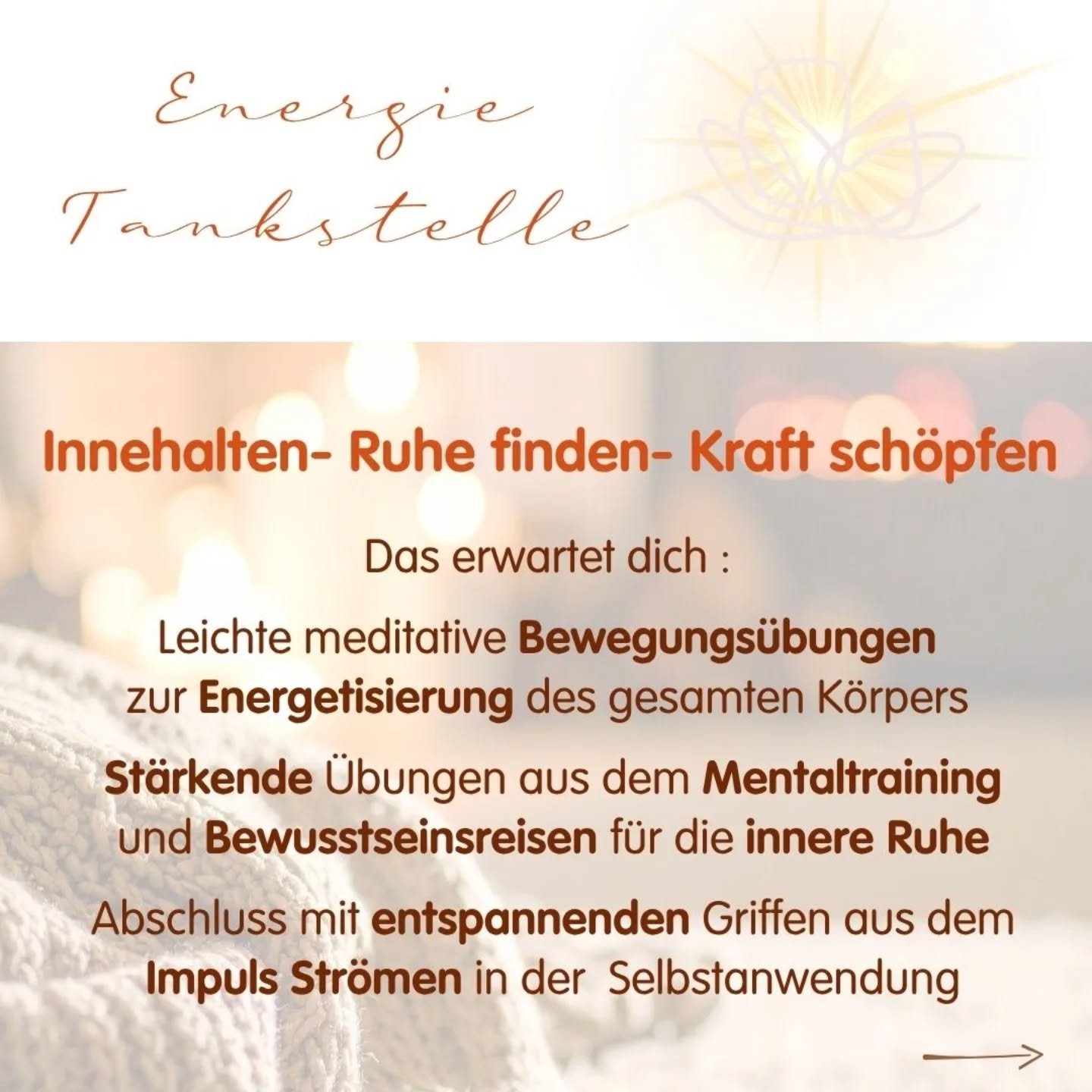 Advent: Innehalten, Ruhe finden, Kraft tanken- 
Das ist die wahre Qualit&auml;t dieser Zeit. 

Nicht Hetzen, Erledigungen, Putzen, Termine abarbeiten, Geschenke 🎁 kaufen,... . 

Komm vorbei und nimm dir bewusst Zeit f&uuml;r dich. Entspanne, nimm ei