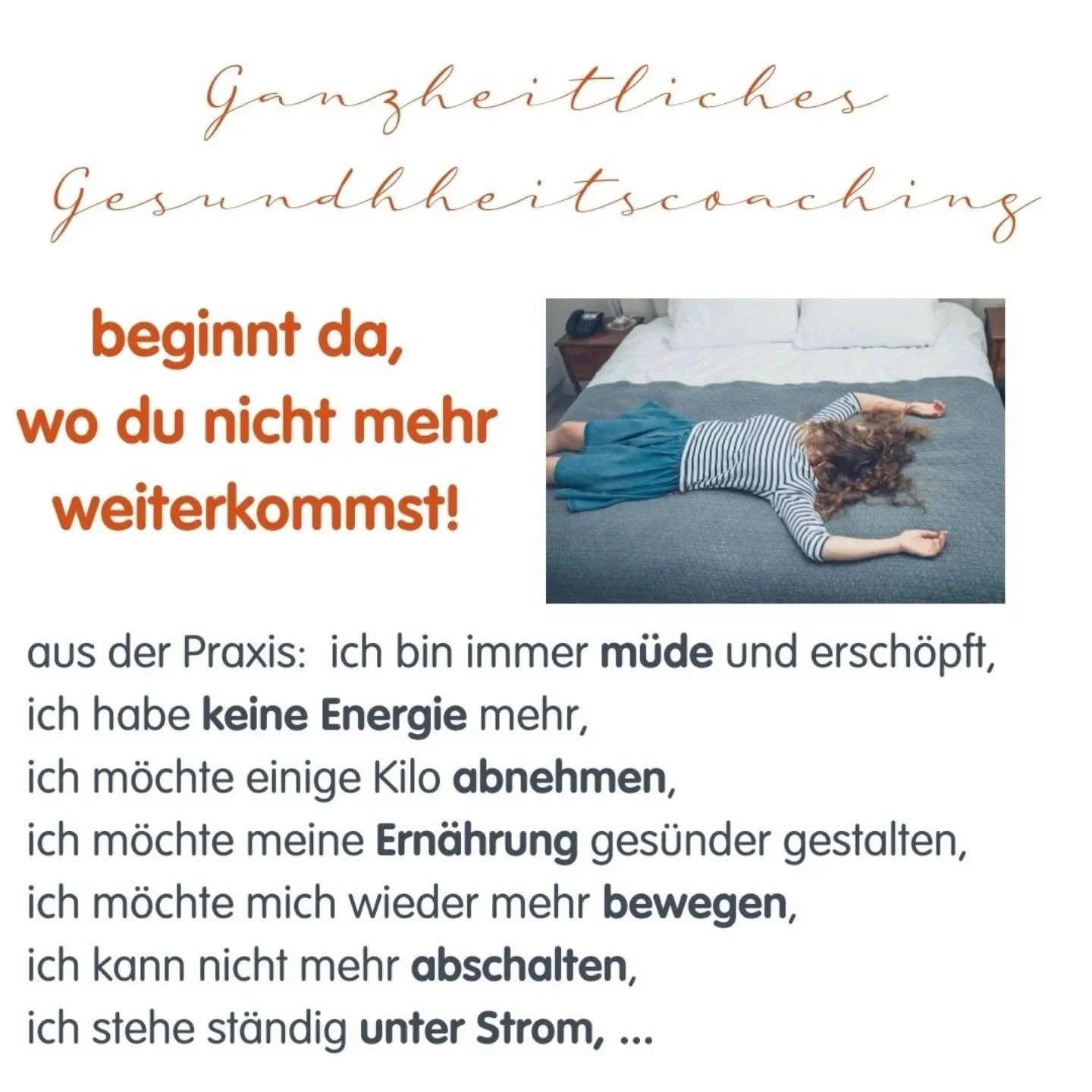 Du bist m&uuml;de, ersch&ouml;pft, energielos? Du weisst genau, du solltest "etwas" &auml;ndern, weisst aber nicht wie?

Du m&ouml;chtest 2026 ges&uuml;nder werden? Mehr Energie und Lebensfreude haben?

Ich helfe dir, deine Vorstellungen in