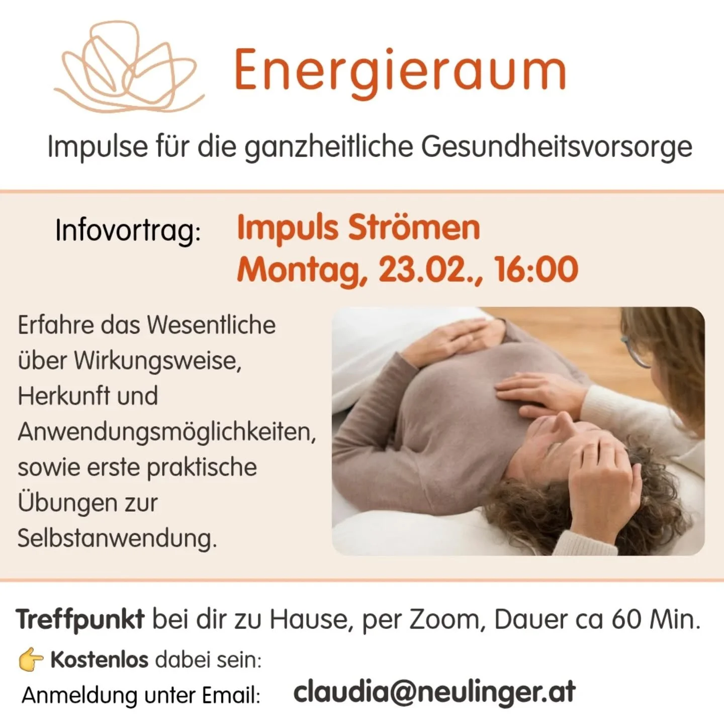 Du m&ouml;chtest mehr &uuml;ber Impuls Str&ouml;men wissen? 
Erfahre im kostenfreien Vortrag Grundinfos und erste Selbsthilfegriffe. 
Nimm deine Gesundheit in deine eigene Hand- im wahrsten Sinne des Wortes👋👋