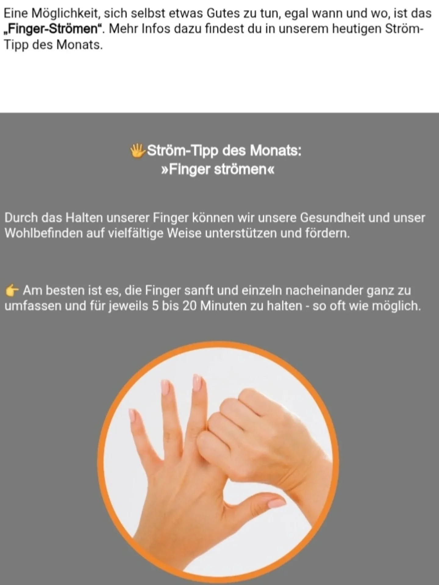 Impuls Str&ouml;men ist eine einfache und  wirkungsvolle Methode zur Harmonisierung unseres Energiesystem. 
Als Gesundheitsvorsorge und Unterst&uuml;tzung bei vorhandenen Beschwerden ist es ein wichtiger Bestandteil des Ganzheitlichen Gesundheitscoac