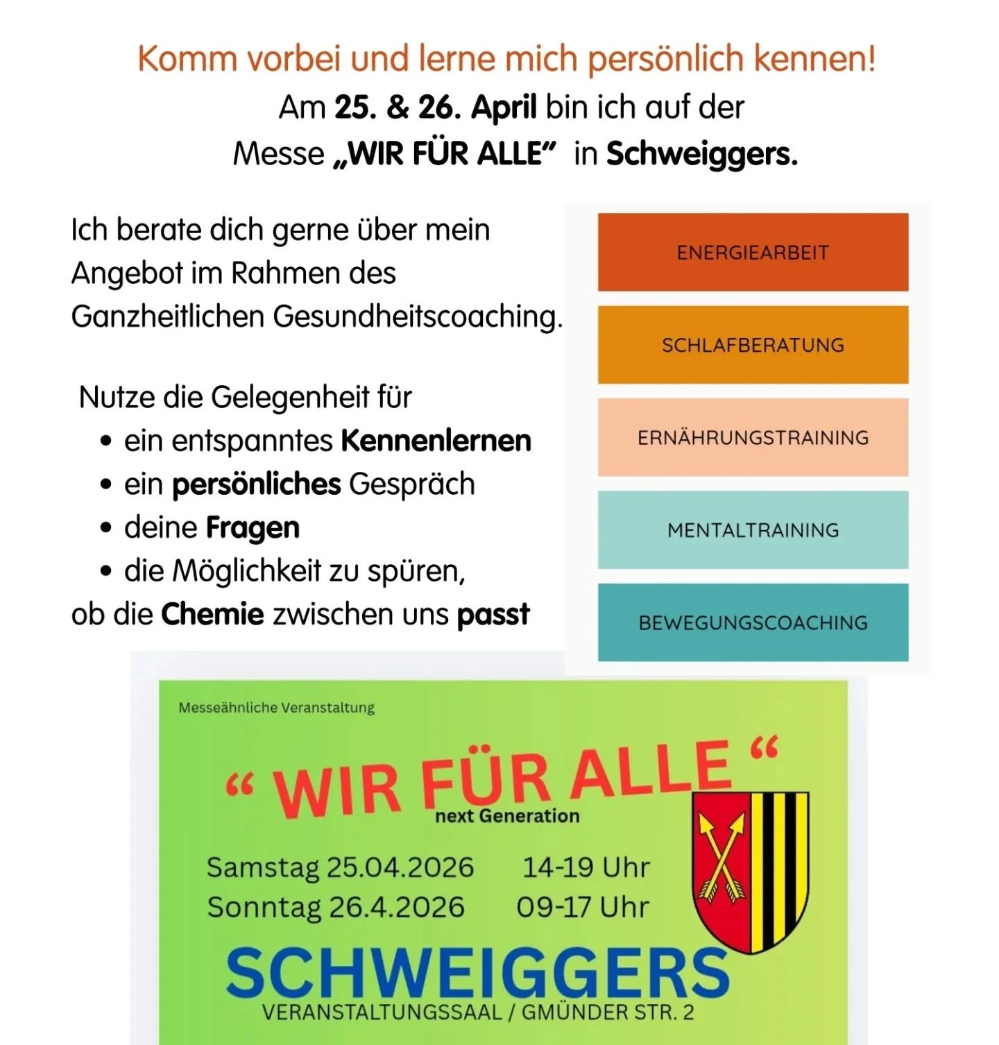Herzliche Einladung ☝️☝️ich freue mich auf ein pers&ouml;nliches Kennenlernen!

Schau vorbei :
"Wir f&uuml;r alle" in Schweiggers: 25. und 26.4. 
Wir freuen uns auf Dein Kommen!