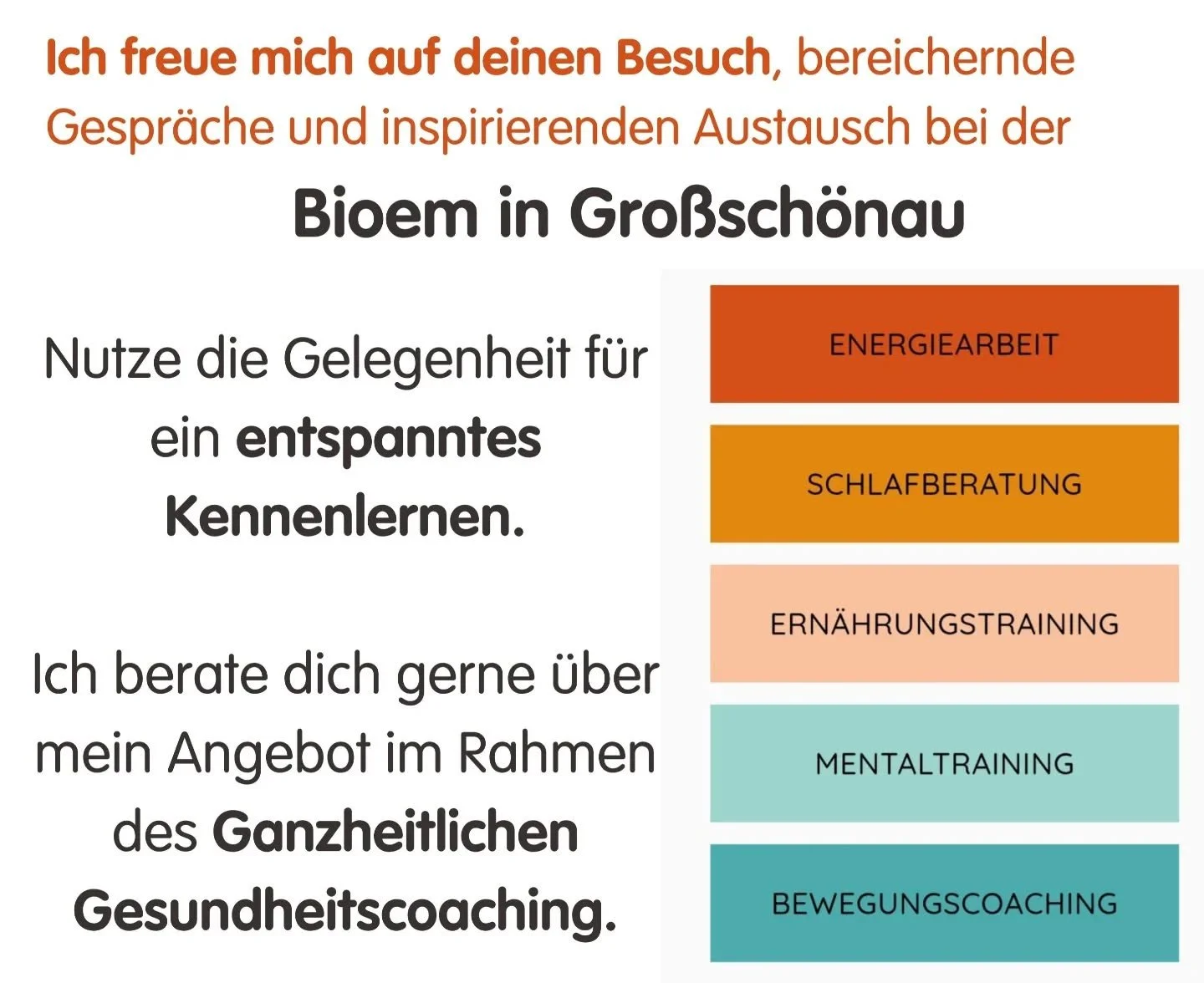 BIOEM 2026- schau vorbei:
Kennenlernen, gem&uuml;tlich austauschen, informieren, Motivation f&uuml;r neue gesundheitsf&ouml;rdernde Routinen holen,... .

Ich freue mich &uuml;ber deinen Besuch und stehe gerne f&uuml;r deine Fragen zur Verf&uuml;gung.