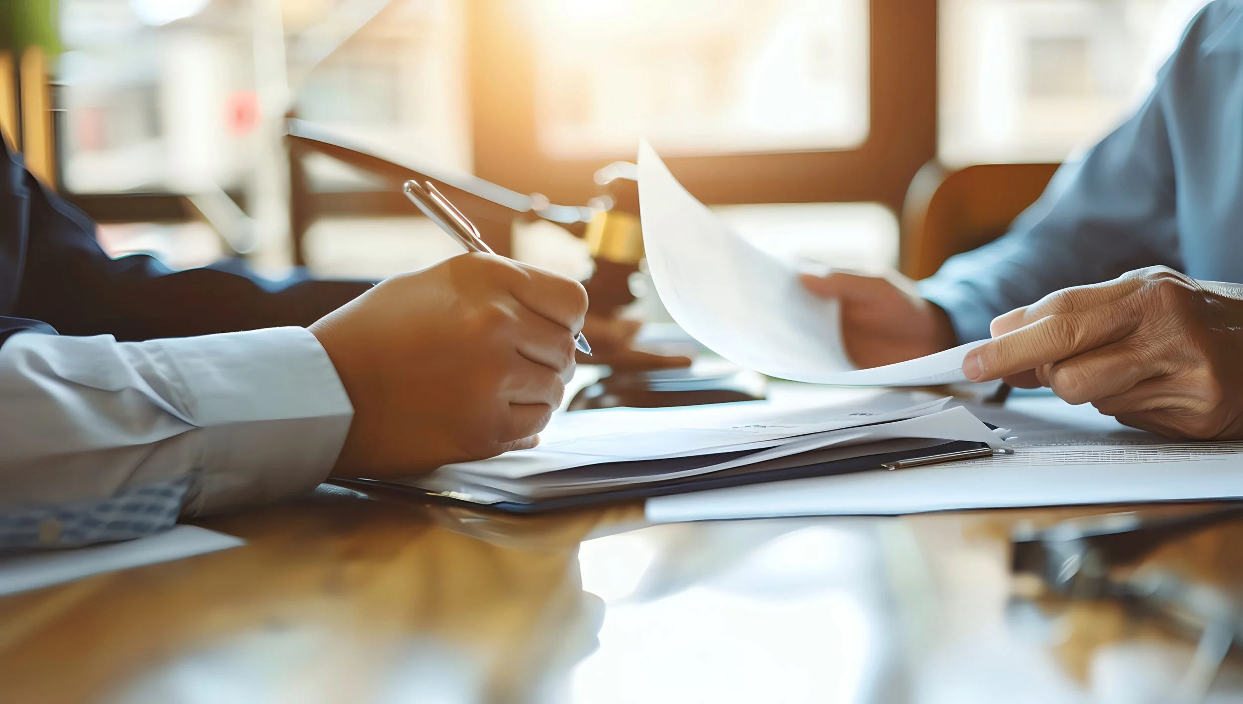 Two people reviewing and signing documents at a desk in a sunlit office environment.