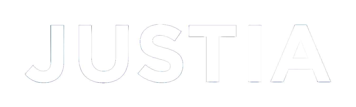 White text "JUSTIA" on a black background.