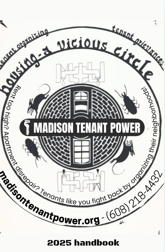 A flyer for Madison Tenant Power featuring a circular design with illustrations of mice, a rat, and a bug, with text promoting tenant organizing and advocacy against disrepair, including a website and contact number.