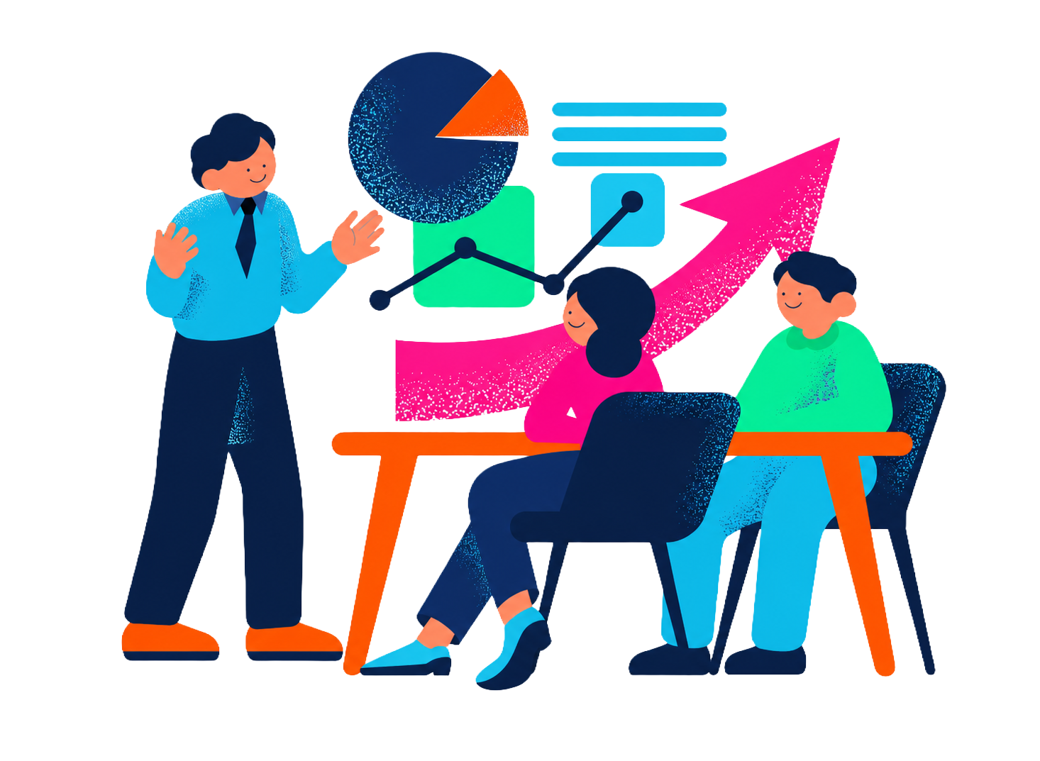 An illustrated business meeting scene with a man presenting to two seated women, with charts, graphs, and an upward arrow indicating growth in the background.