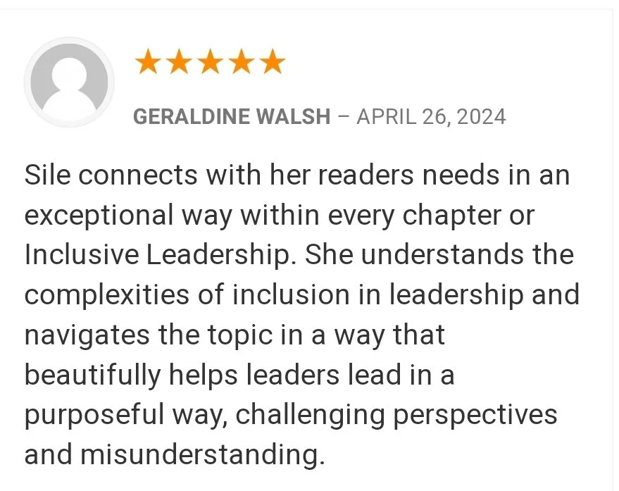 Book review with five-star rating for Geraldine Walsh, dated April 26, 2024, praising her for connecting with readers through her understanding of inclusion in leadership.