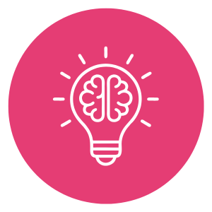 Lightbulb icon with a brain inside on a pink circular background
