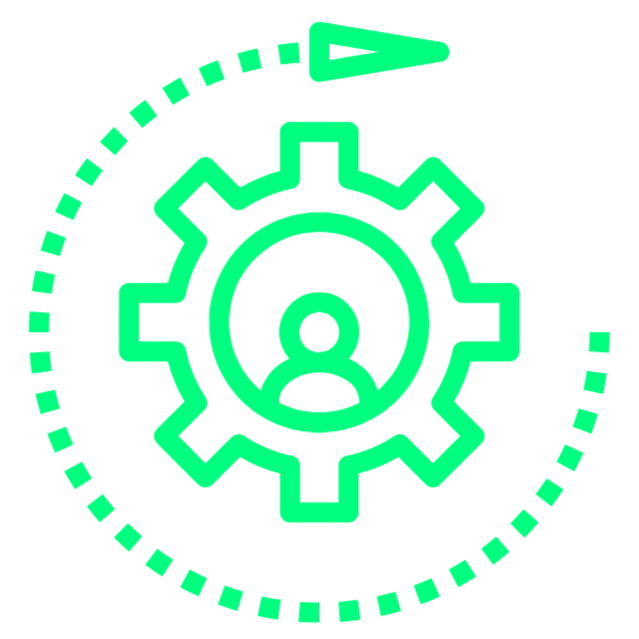 Icon of a gear with a person silhouette inside, surrounded by dotted lines and an arrow