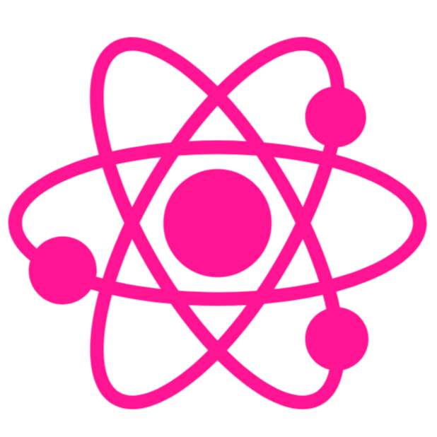 Pink atomic model icon with a central circle and three smaller circles orbiting around it on a black background.
