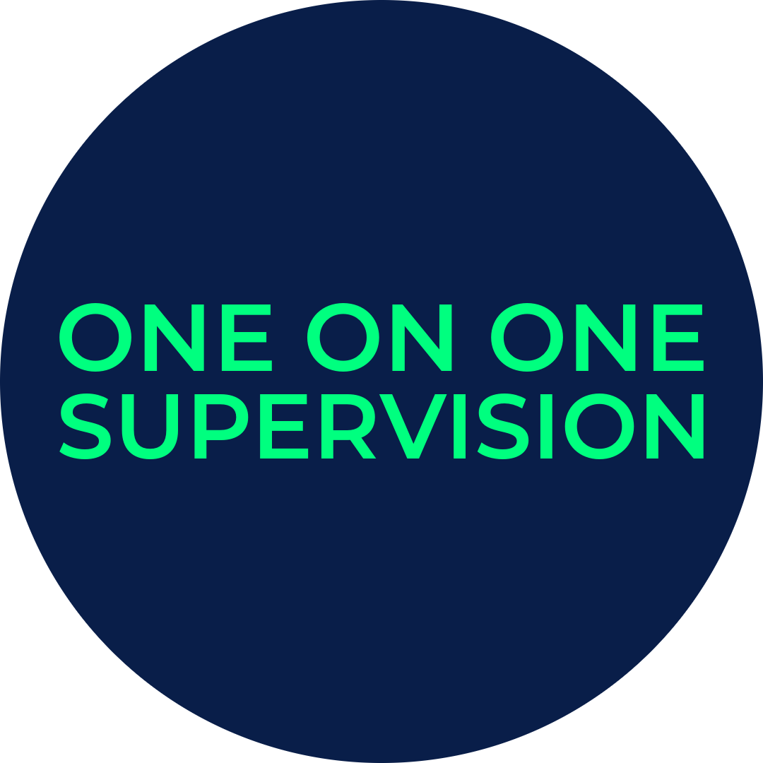 Text that reads "ONE ON ONE SUPERVISION" on a dark blue circular background.