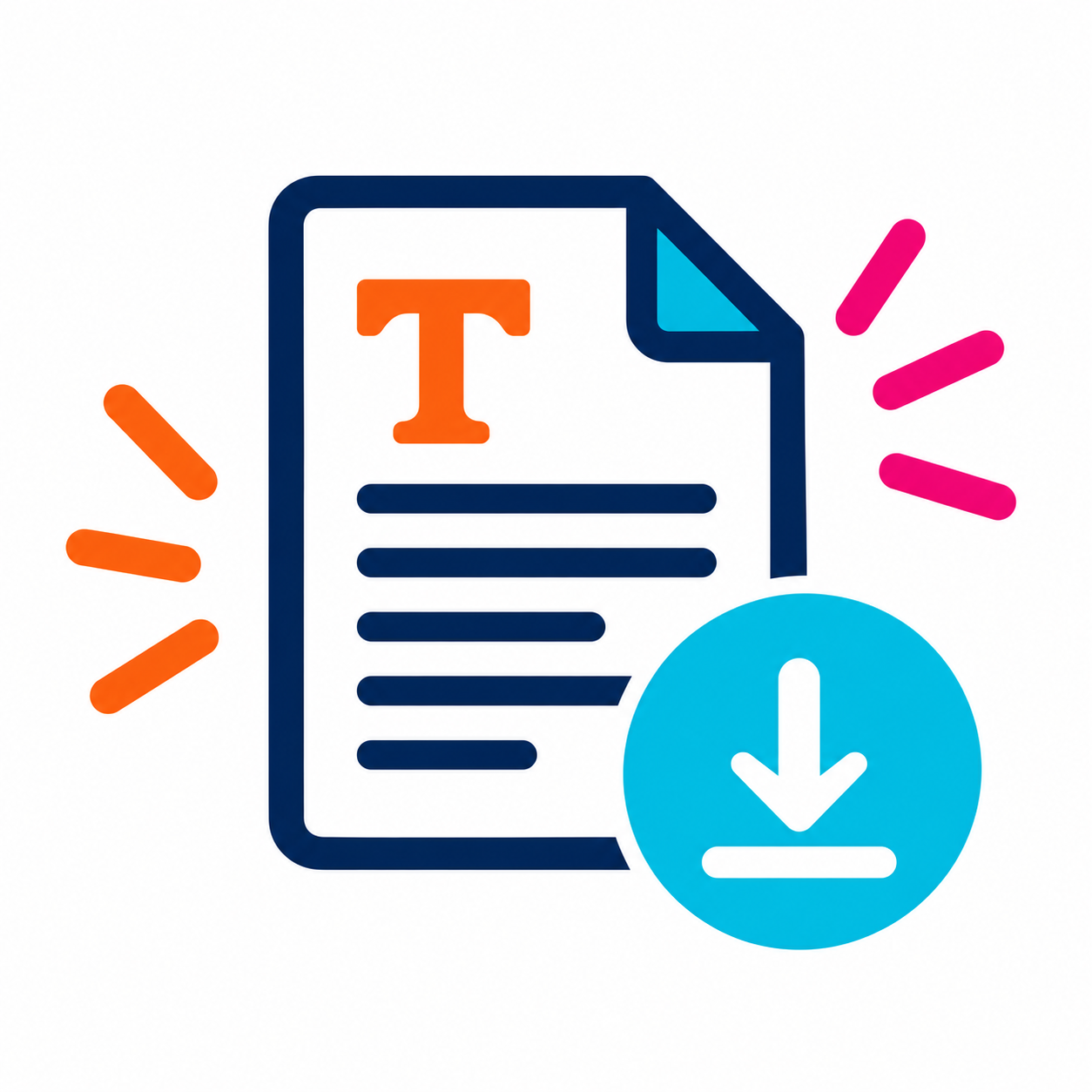 Icon of a document with a large orange 'T' at the top left, blue lines representing text, a blue download arrow in a circle overlay, and pink and orange motion lines indicating action or emphasis.