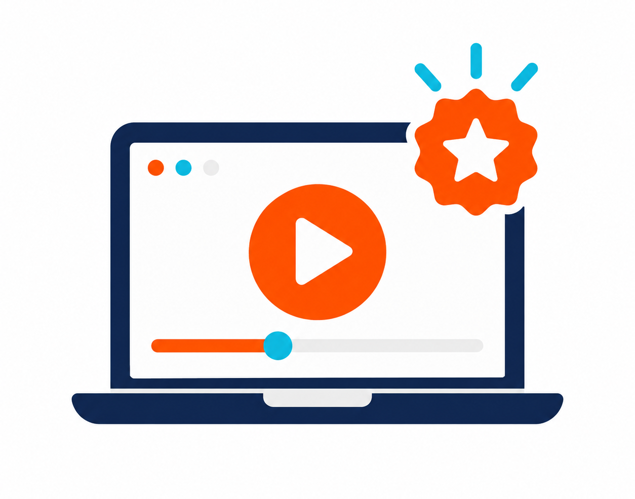 Laptop screen displaying a paused video with a play button, a progress bar, and a medal award badge on the top right corner.
