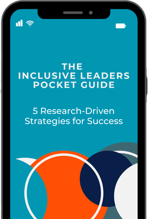 Mobile phone screen displaying a digital book titled 'The Inclusive Leaders Pocket Guide: 5 Research-Driven Strategies for Success' with abstract geometric shapes in orange, navy, white, and teal colors.