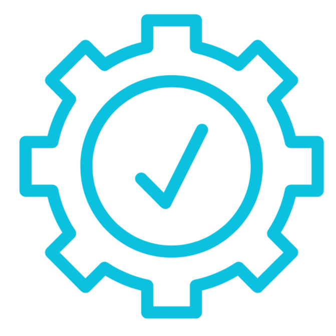 A blue gear icon with a checkmark inside a circle at its center.