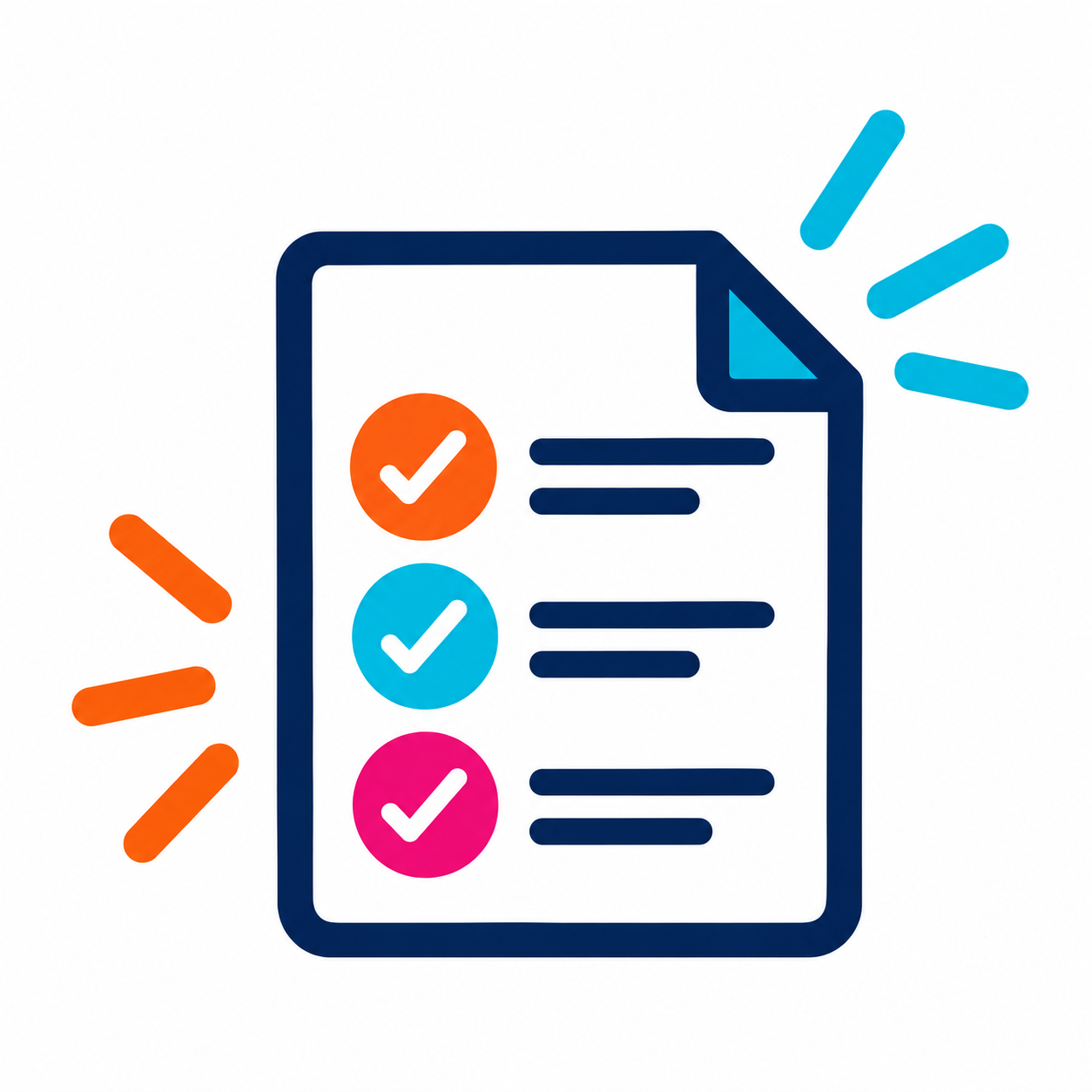 Digital illustration of a checklist with three items, each with a checkmark, in different colored circles (orange, blue, pink) and lines of text, with colorful lines emanating from the paper in a minimalist style.