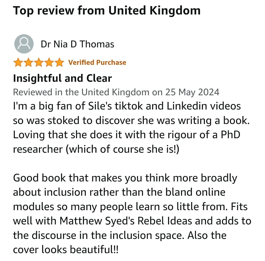 Screenshot of a customer review for a book, with five stars, from Dr. Nia D Thomas, dated May 25, 2024, praising the book's insightful content and how it relates to inclusion and online learning.