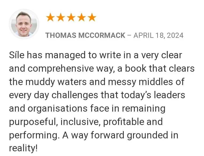 Customer review for a book, rated five stars, with the title and date. The review praises the book for clear and comprehensive writing about leadership challenges and solutions.