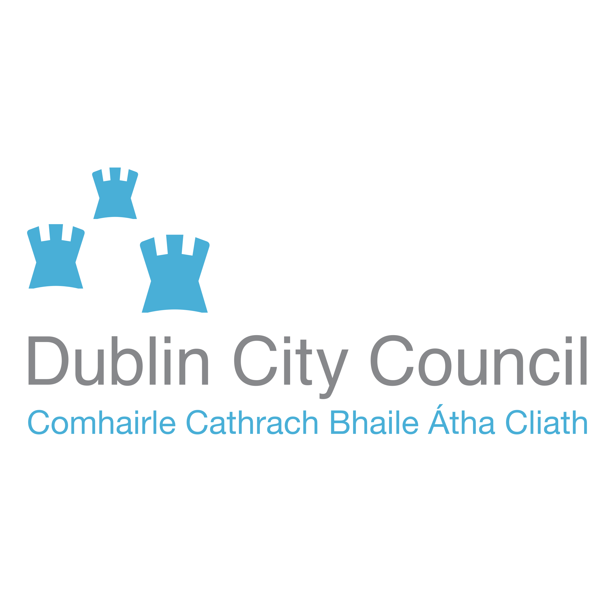 Logo of Dublin City Council with three blue towers and the council's name in English and Irish.