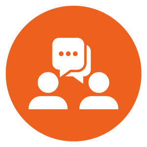 Icon of two professionals talking with speech bubbles, on an orange circular background.