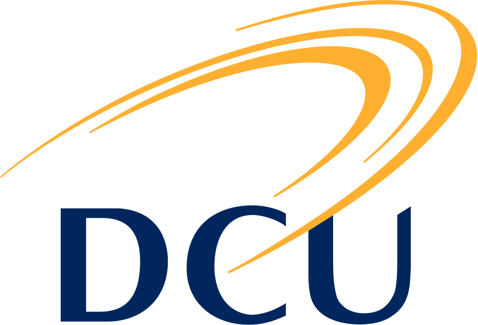 DCU logo with blue letters and orange swirl design on a black background.