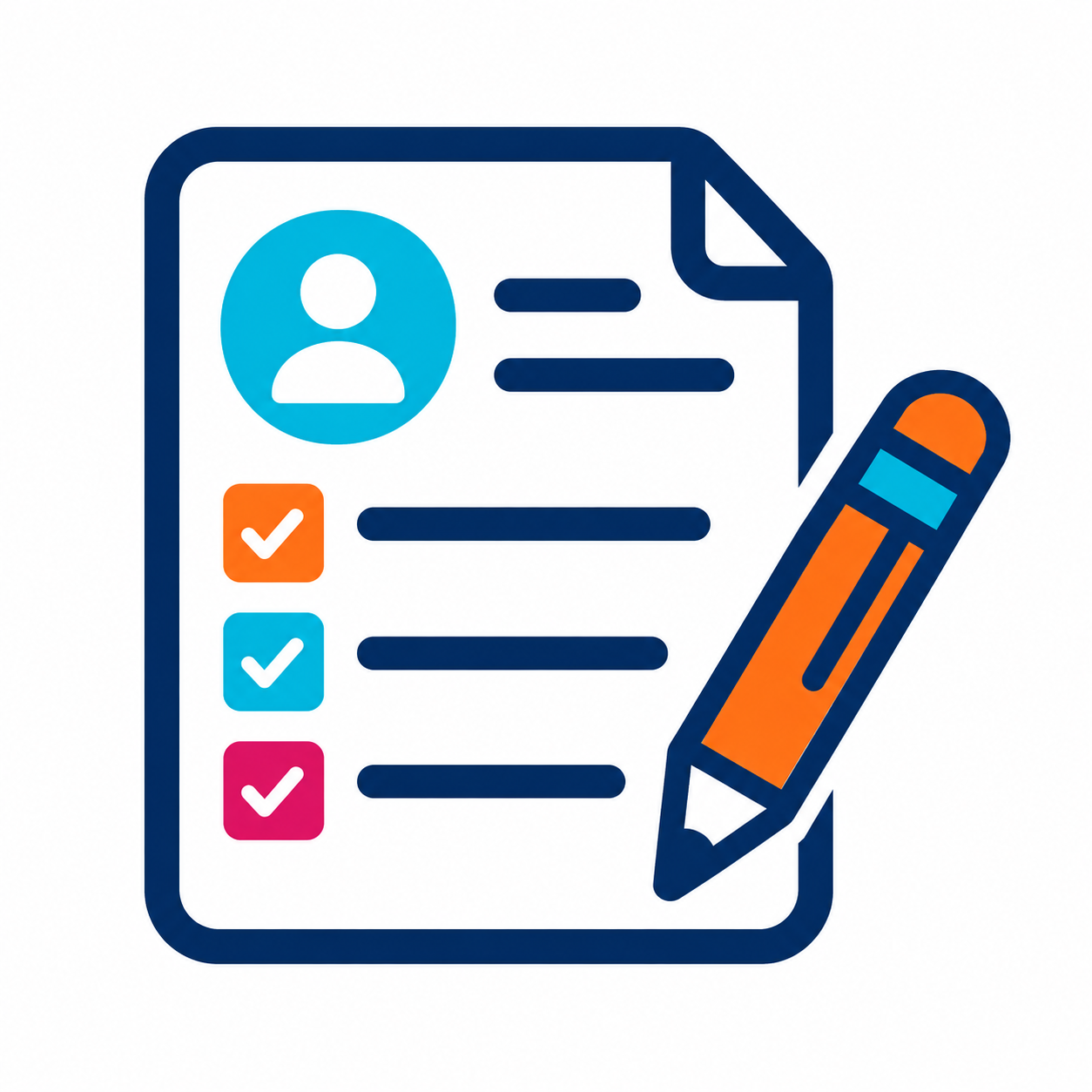 Illustration of a checklist with a profile icon at the top, colored check marks next to each item, and an orange pencil for editing.