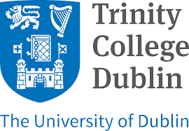 Trinity College Dublin logo with a blue shield featuring a lion, a harp, and a castle, alongside the text 'Trinity College Dublin' and 'The University of Dublin'.