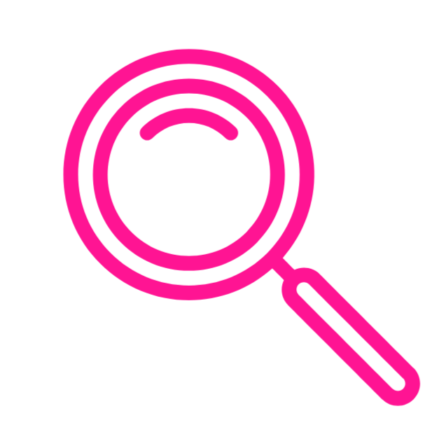 Pink magnifying glass icon on a black background.