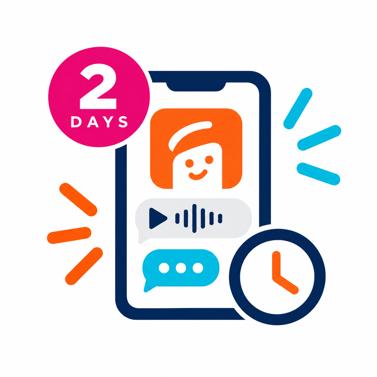 A smartphone displaying chatbot interface with chat bubbles and a waveform, surrounded by icons indicating a countdown of 2 days and a clock.