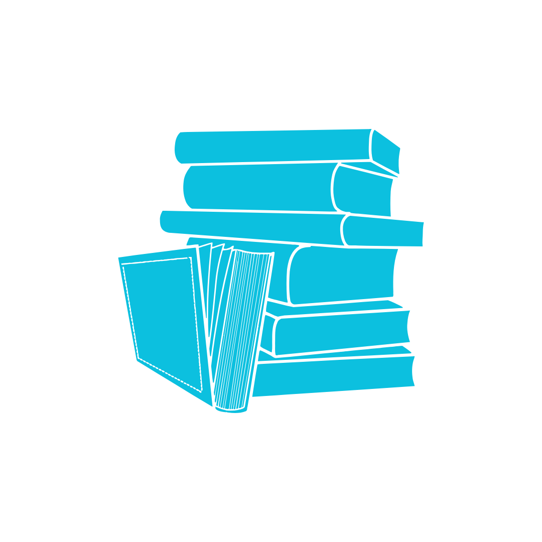 Blue line drawing of a stack of books with one open book leaning against it.