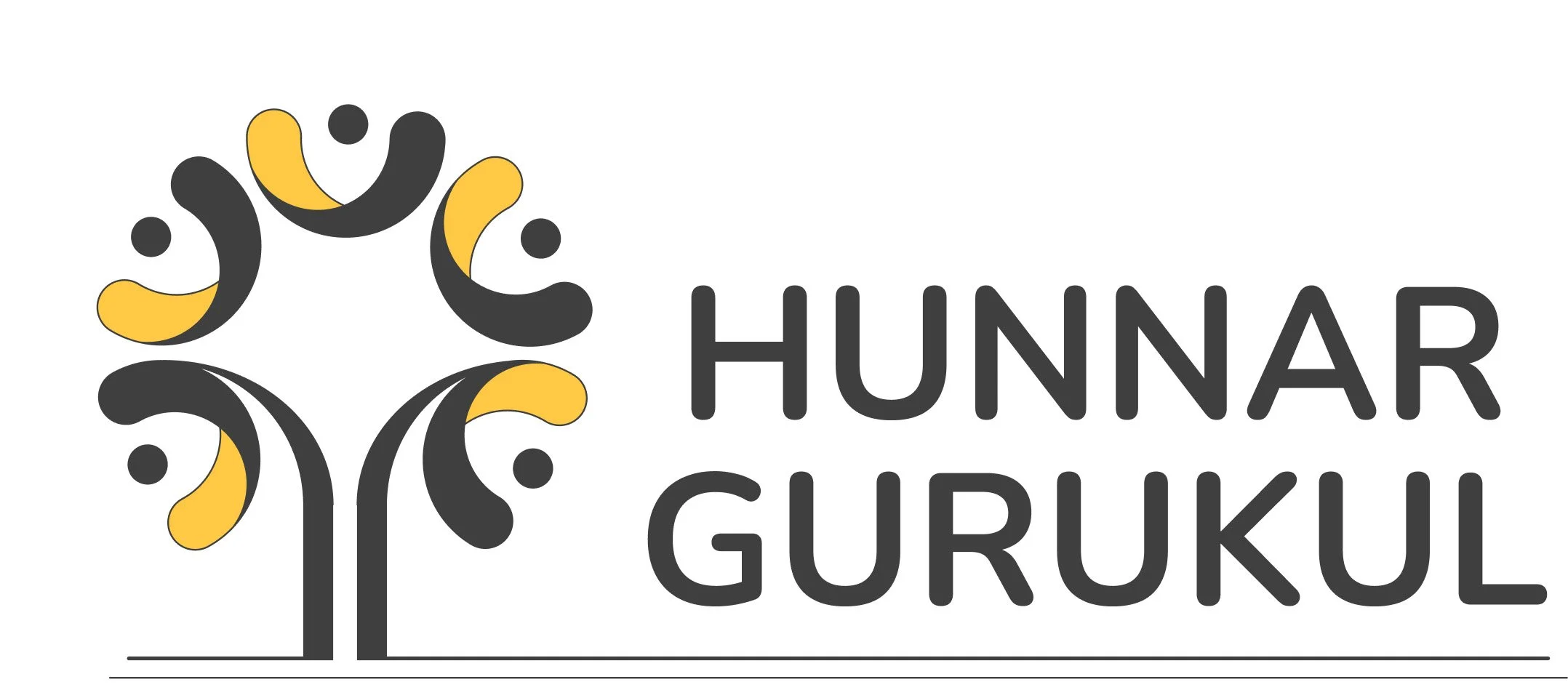 Logo featuring stylized black and yellow abstract figures arranged in a circle with the text 'HUNNAR GURUKUL' beside it.