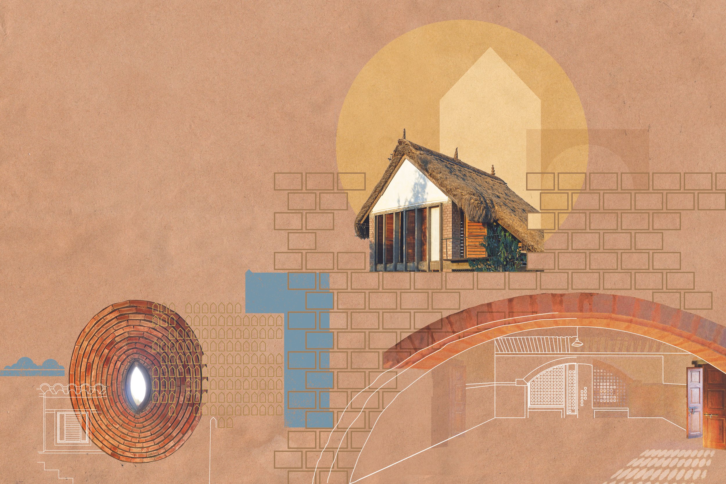 An animated architectural design image featuring a small thatched-roof house, a circular brick pattern, a window, and goalpost-like structures with a blue sky background.