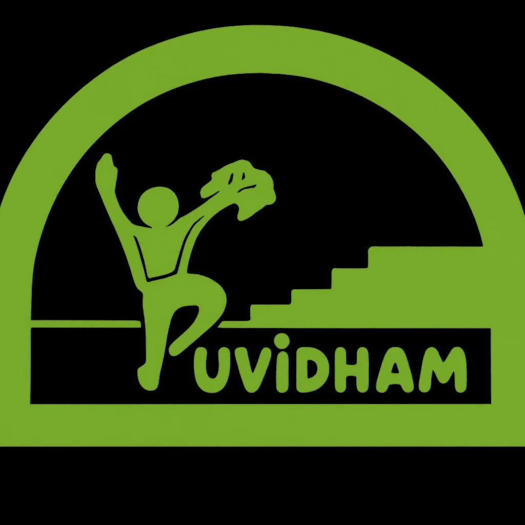 Green logo with a stylized human figure jumping, holding a couch or cloth, with stairs on the right side and the word 'PUDHAM' at the bottom.