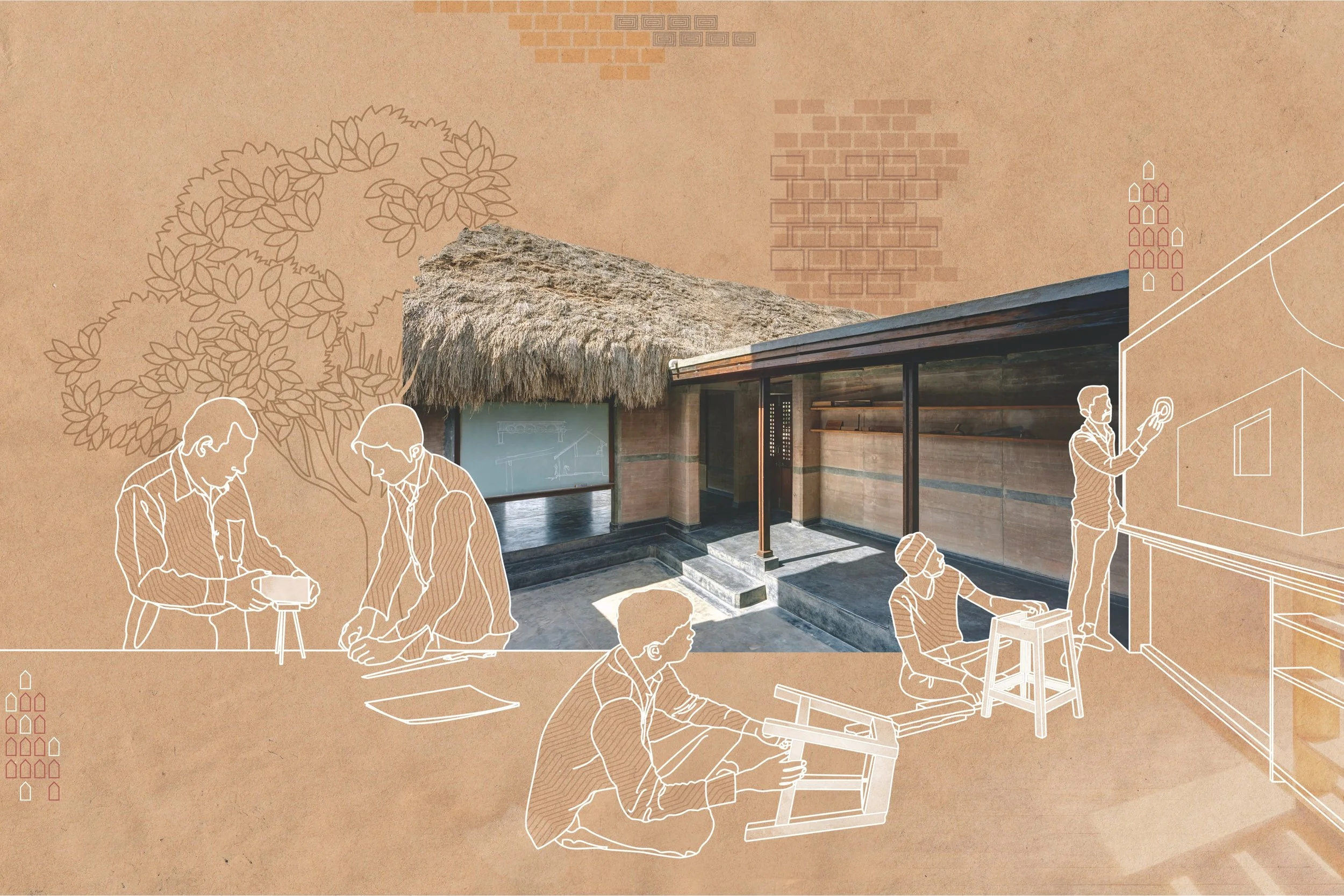 Sketch representations of people interacting in front of a traditional building with a thatched roof, set against a background with forums and brick patterns.