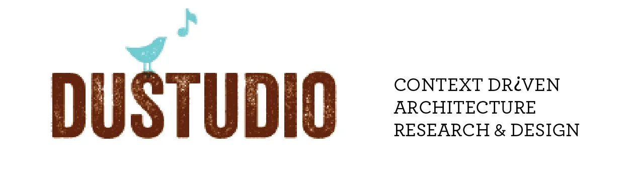 Logo with the word 'DUSTUDIO' in large brown textured letters, a small blue bird on top of the 'D' with a musical note, and the words 'CONTEXT DRIVEN ARCHITECTURE RESEARCH & DESIGN' on the right.