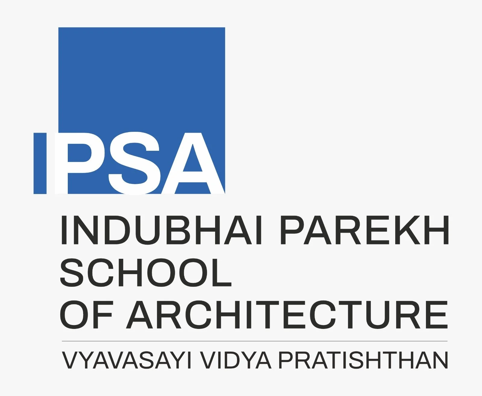 Logo for IPSA Indubhai Parekh School of Architecture, Vyavasayi Vidya Pratishtan with a blue square and white text.
