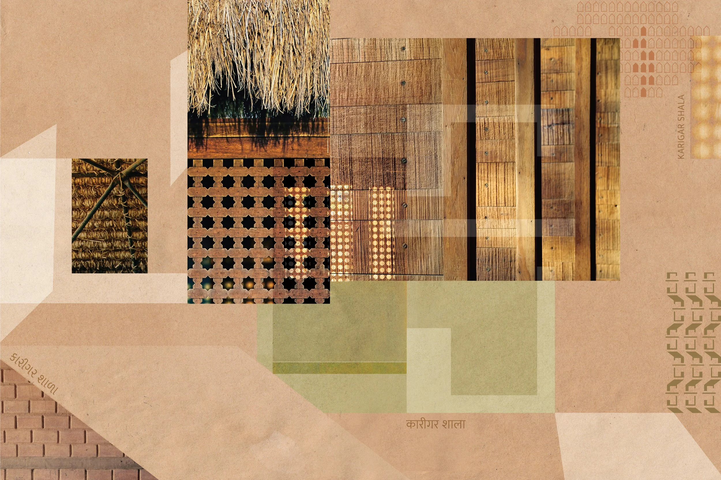 A collage of various wooden and straw textures, with some decorative patterns and Hindi script on a beige background.