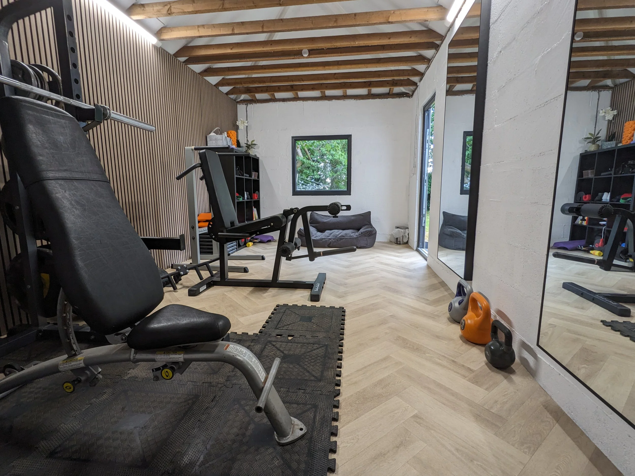 Home gym with workout equipment, large mirror, windows, and natural light.