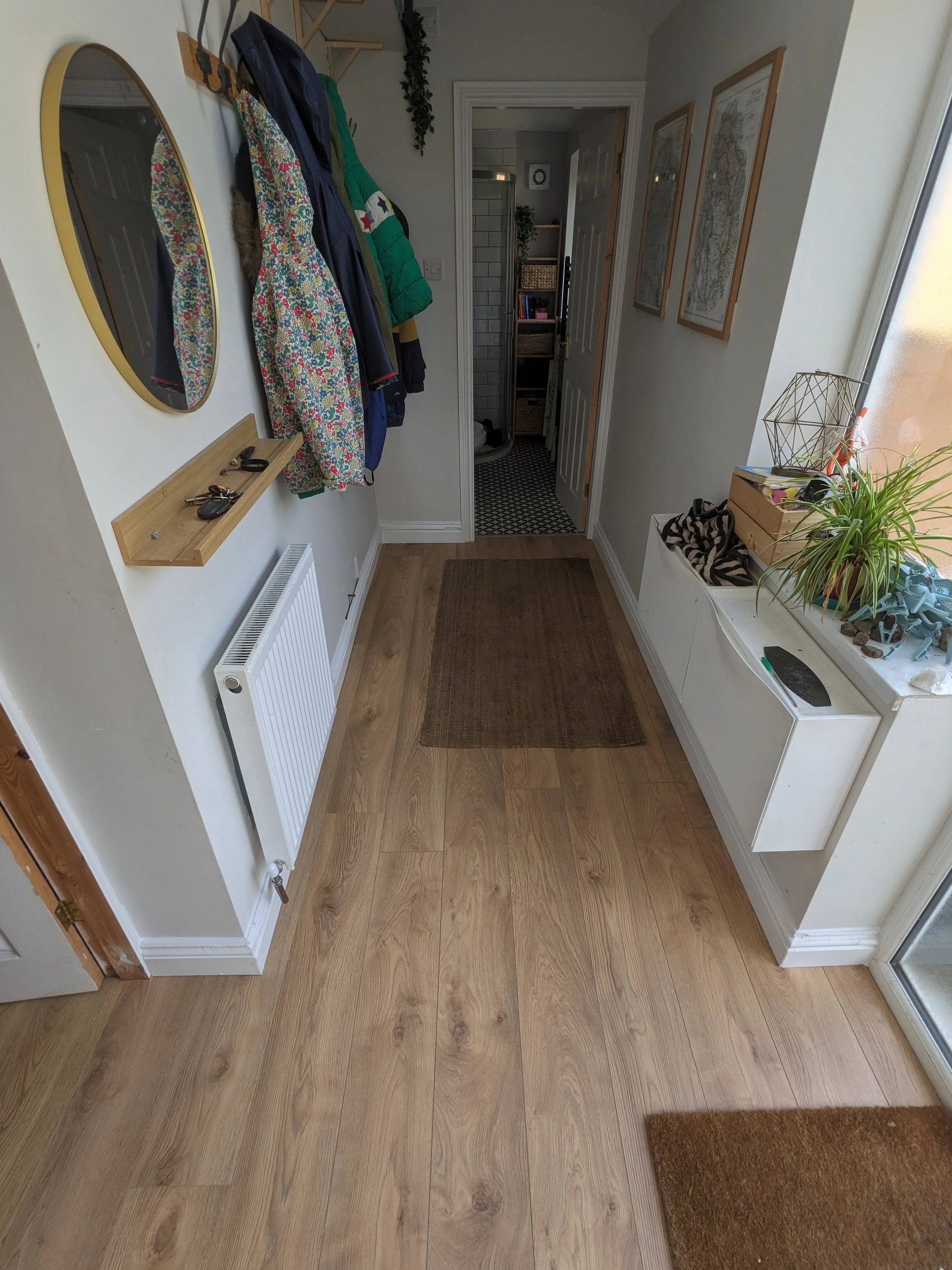 Entryway with coats hanging on hooks, a small shelf with keys, a radiator, a doormat, a white corner cabinet with a plant on top, and a view into a bathroom with a shower.