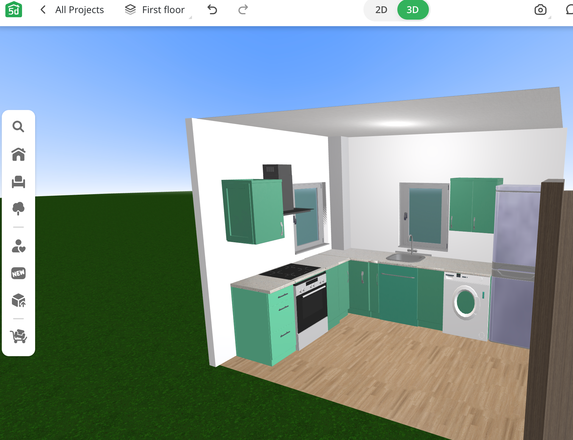 3D rendering of a compact kitchen with green cabinets, a white countertop, a stove, a microwave, a washing machine, a refrigerator, and two small windows in a corner.