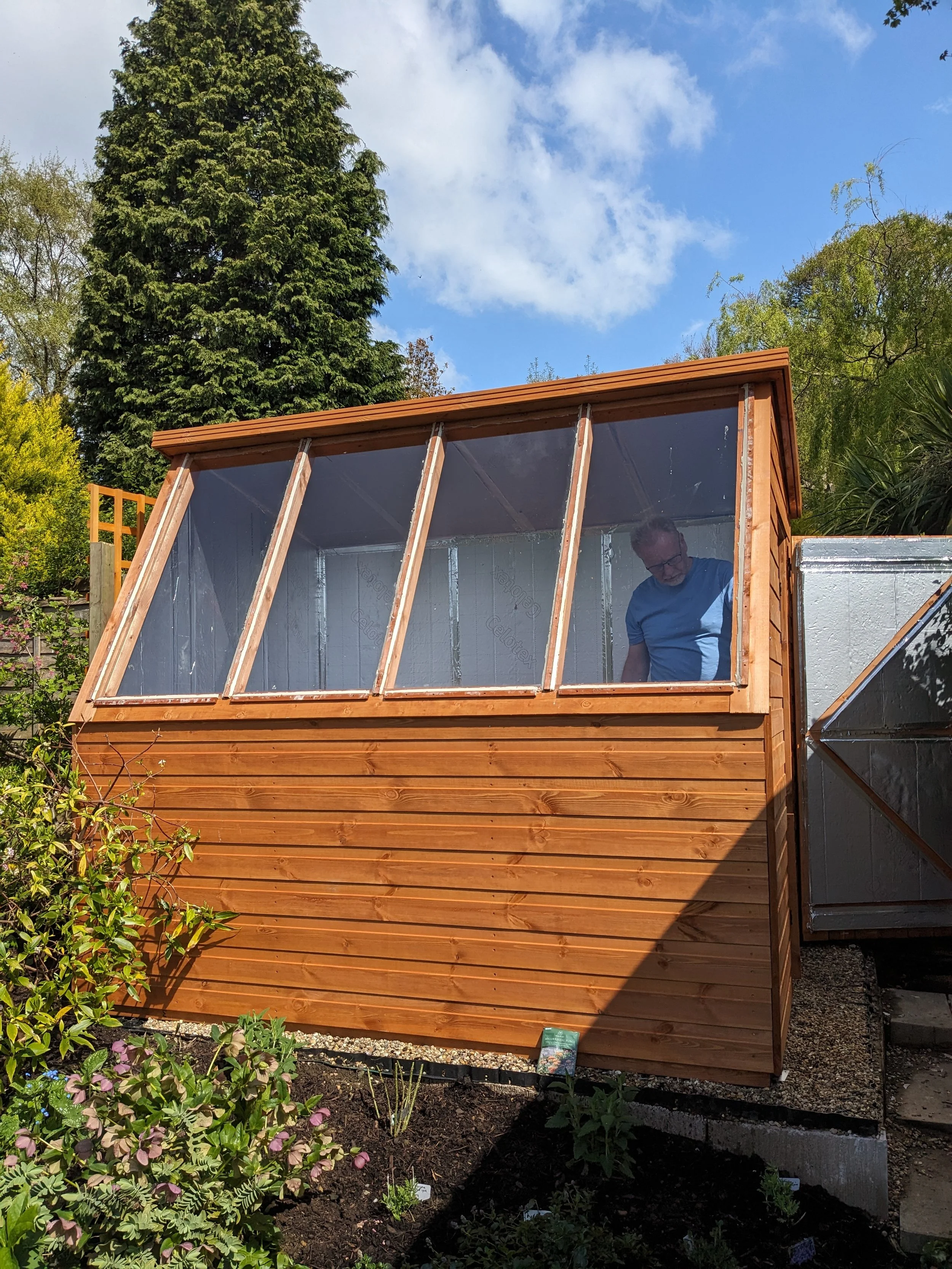 A man constructing a small wooden greenhouse with clear plastic panels in a garden with trees and shrubs, under a blue sky with some clouds.